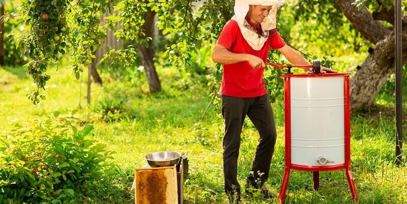 beekeeper using manual honey extractor